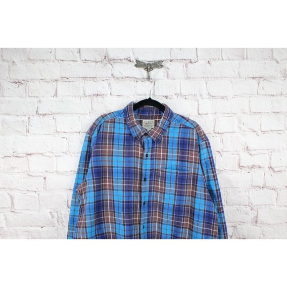 LL Bean Blue Cotton Scotch Plaid Flannel Traditional Fit Shirt Size L - Picture 2 of 9